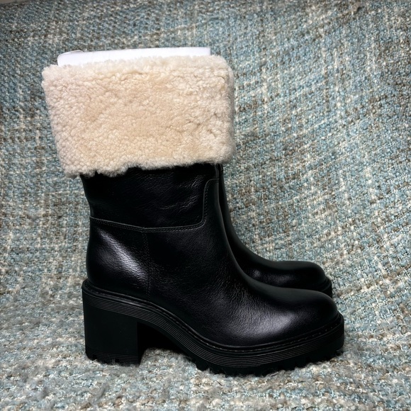 NWOB - Marc Fisher LTD Willoe Shearling Cuff Heeled Boots in Black Leather - Picture 5 of 9